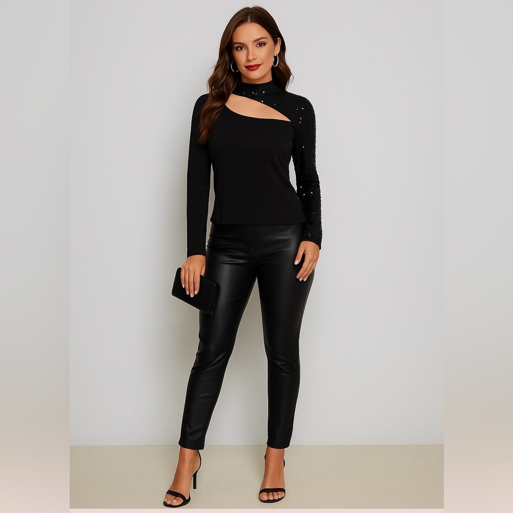 SHEIN Black Sequin Cutout Blouse